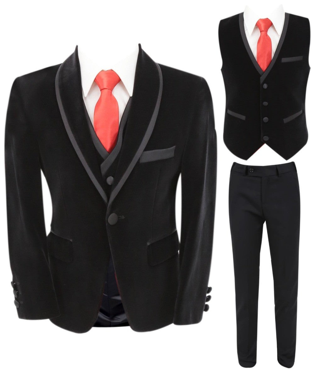 Costume de Smoking en Velours à Passepoil Slim Fit pour Garçons - LONDON - Noir