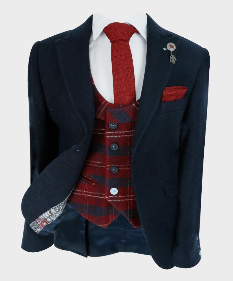 Boys Tailored Fit Blazer Waistcoat Set - Cashmere - Navy Blue -Red