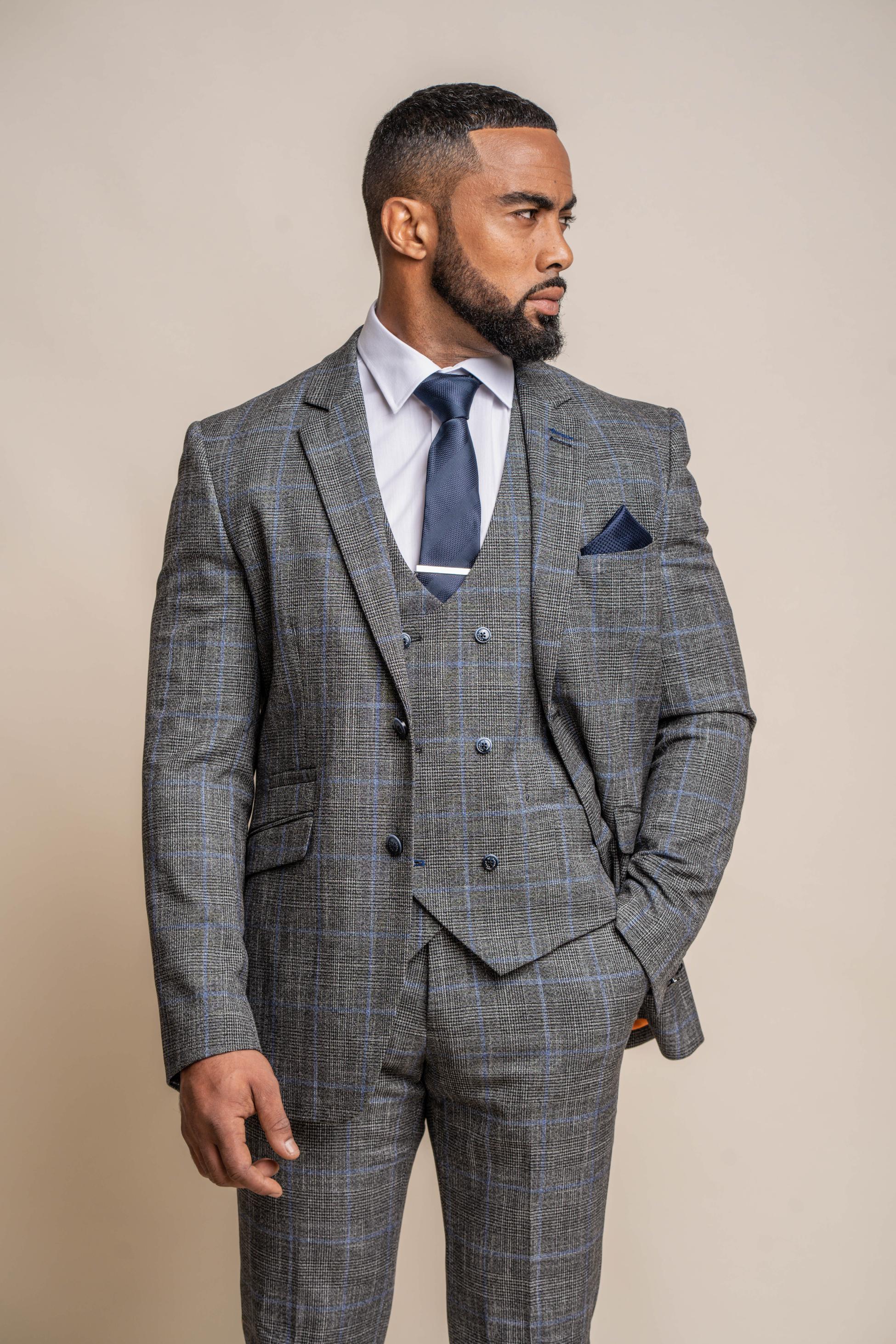 Men's Tweed Retro Check Grey Suit - POWER - Grey