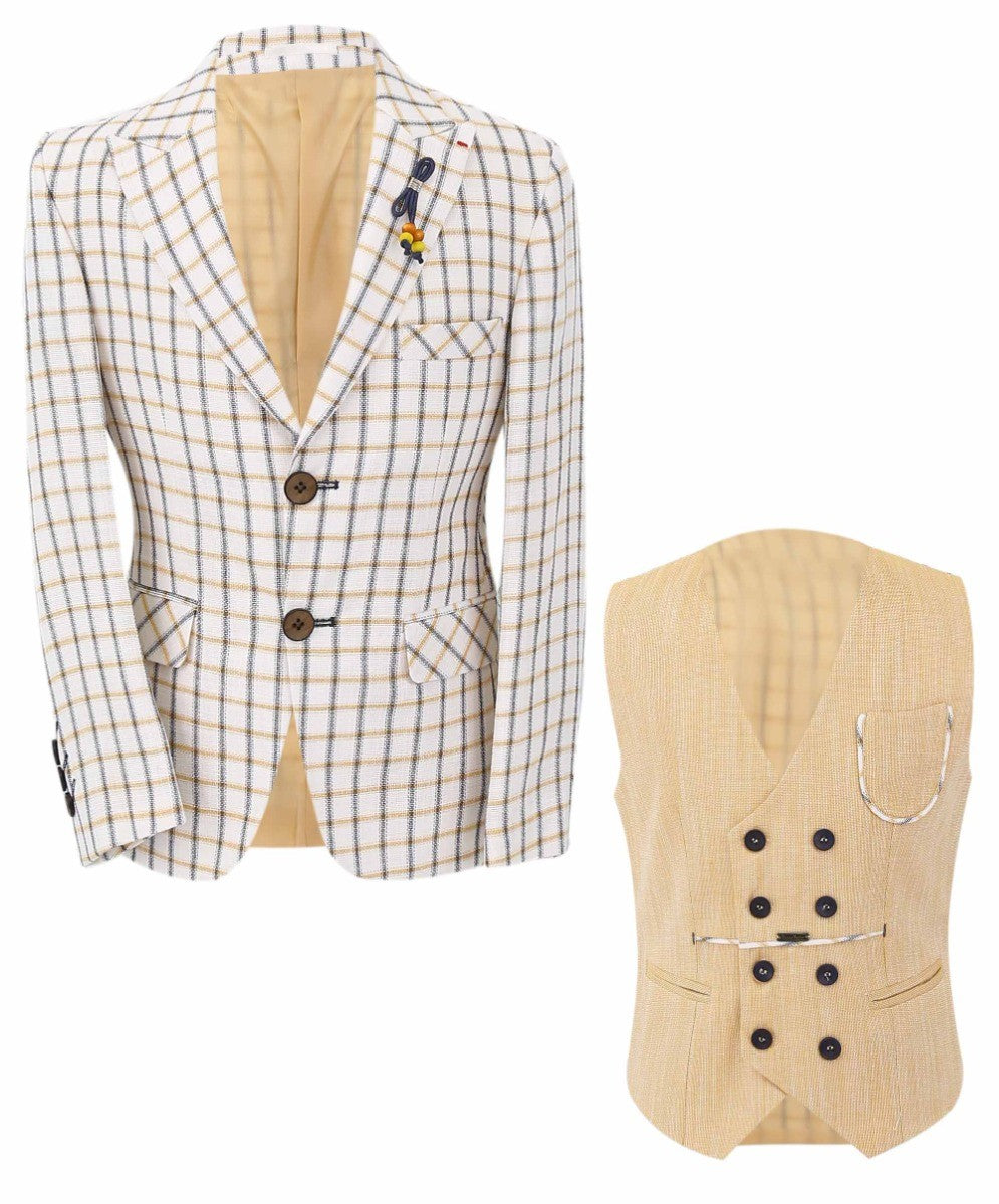 Ensemble Costume Blazer à Carreaux et Gilet Double-Parfait pour Garçons - Moutarde