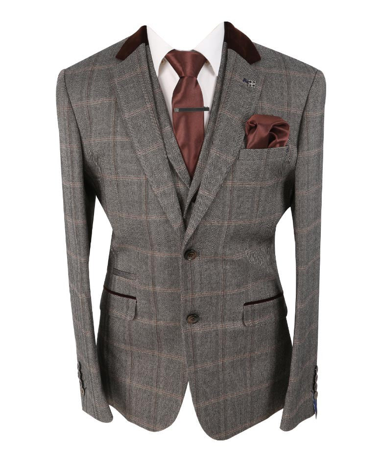 Herren Slim Fit Tweed Karo Retro Anzug - Connall Braun - Braun