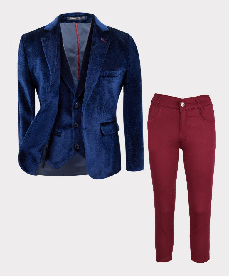 Costume en Velours Tailored Fit avec Patte de Coude pour Garçons - Bleu Marine