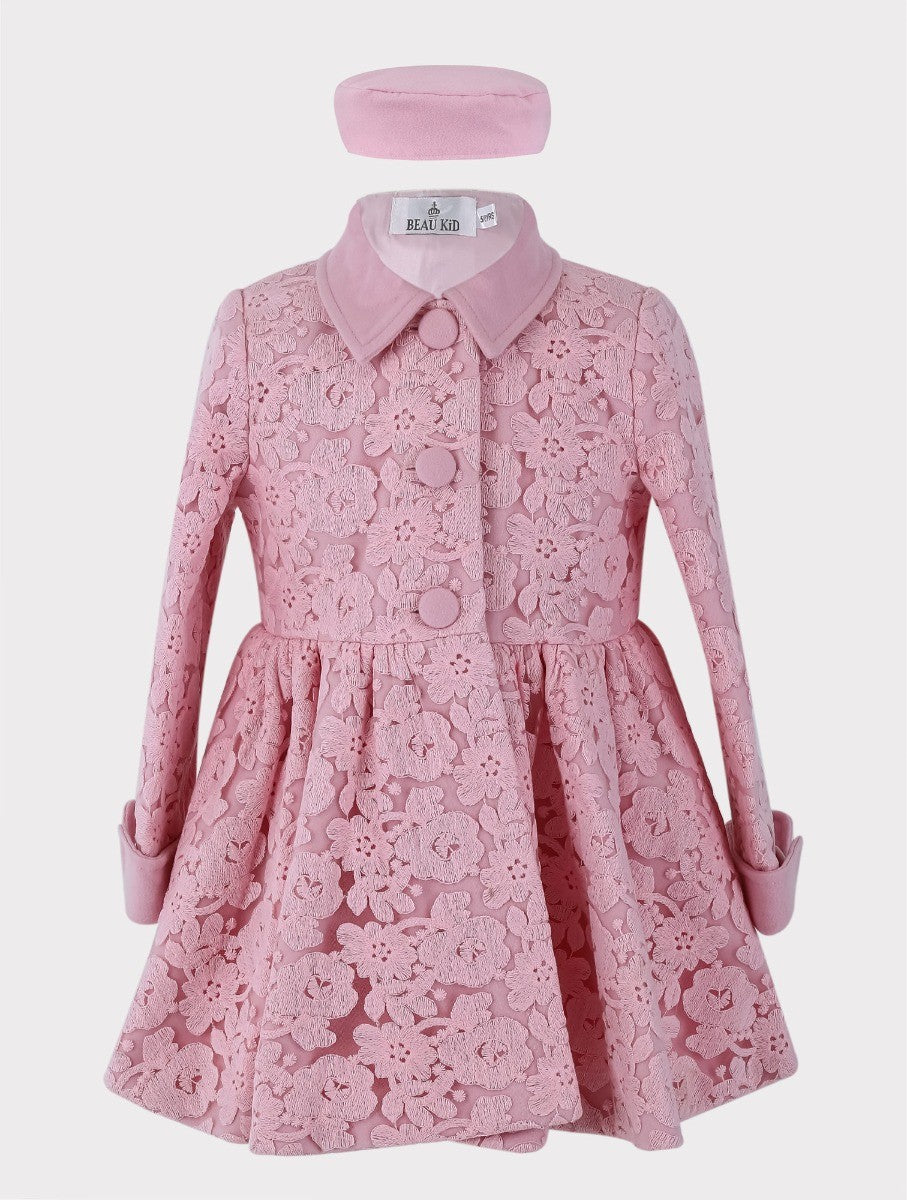 Girls Coat Floral Embroidered Lace 2 Piece Set - Pink