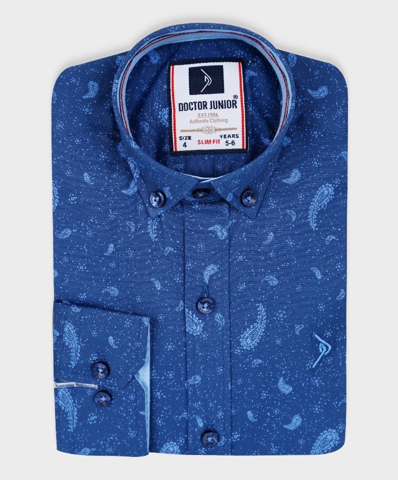 Boys Slim Fit Paisley Smart Casual Shirt - Patterned Navy Blue