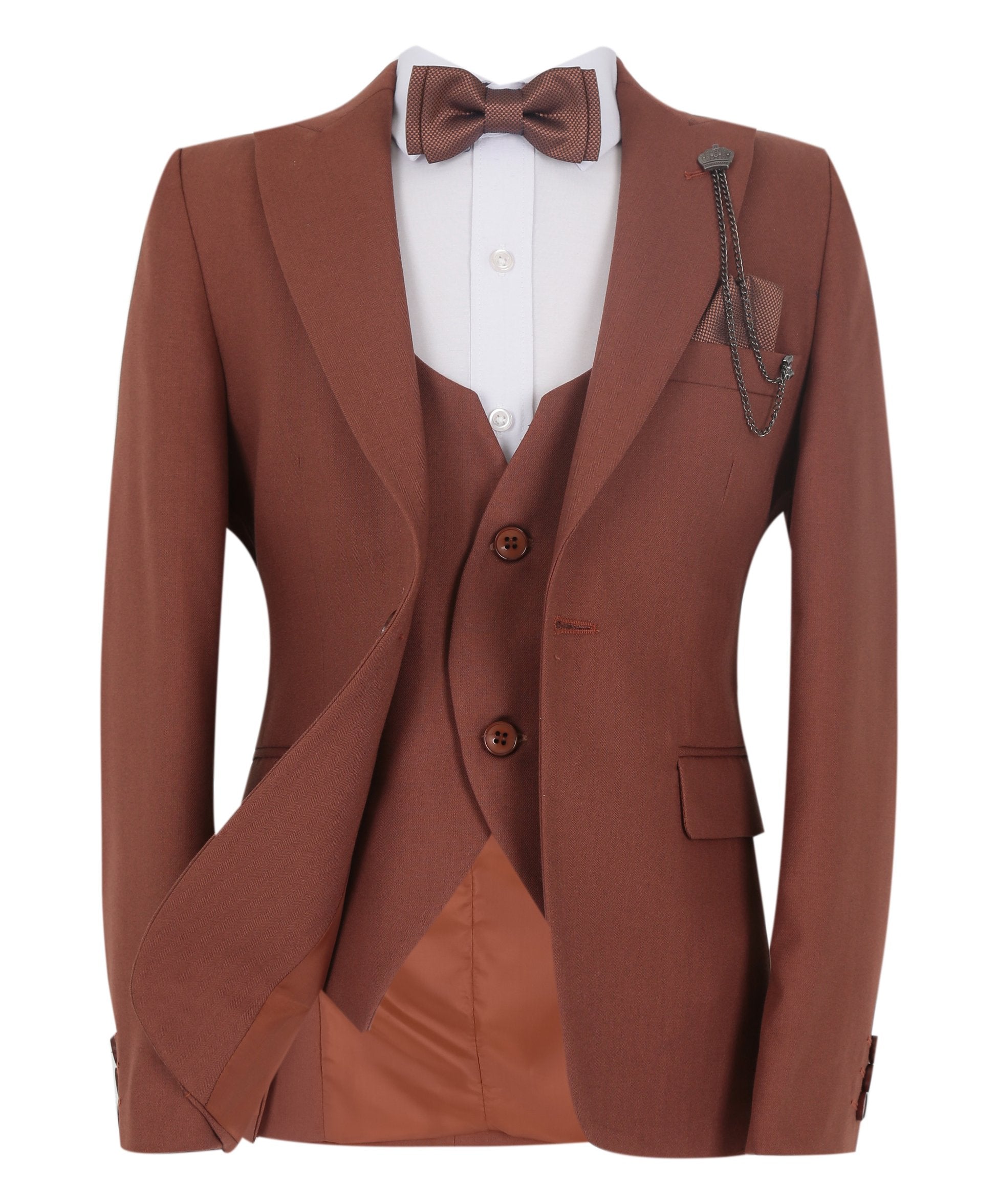 Boys Slim Fit Herringbone 8 Piece Suit Set - KING - Cinnamon Brown