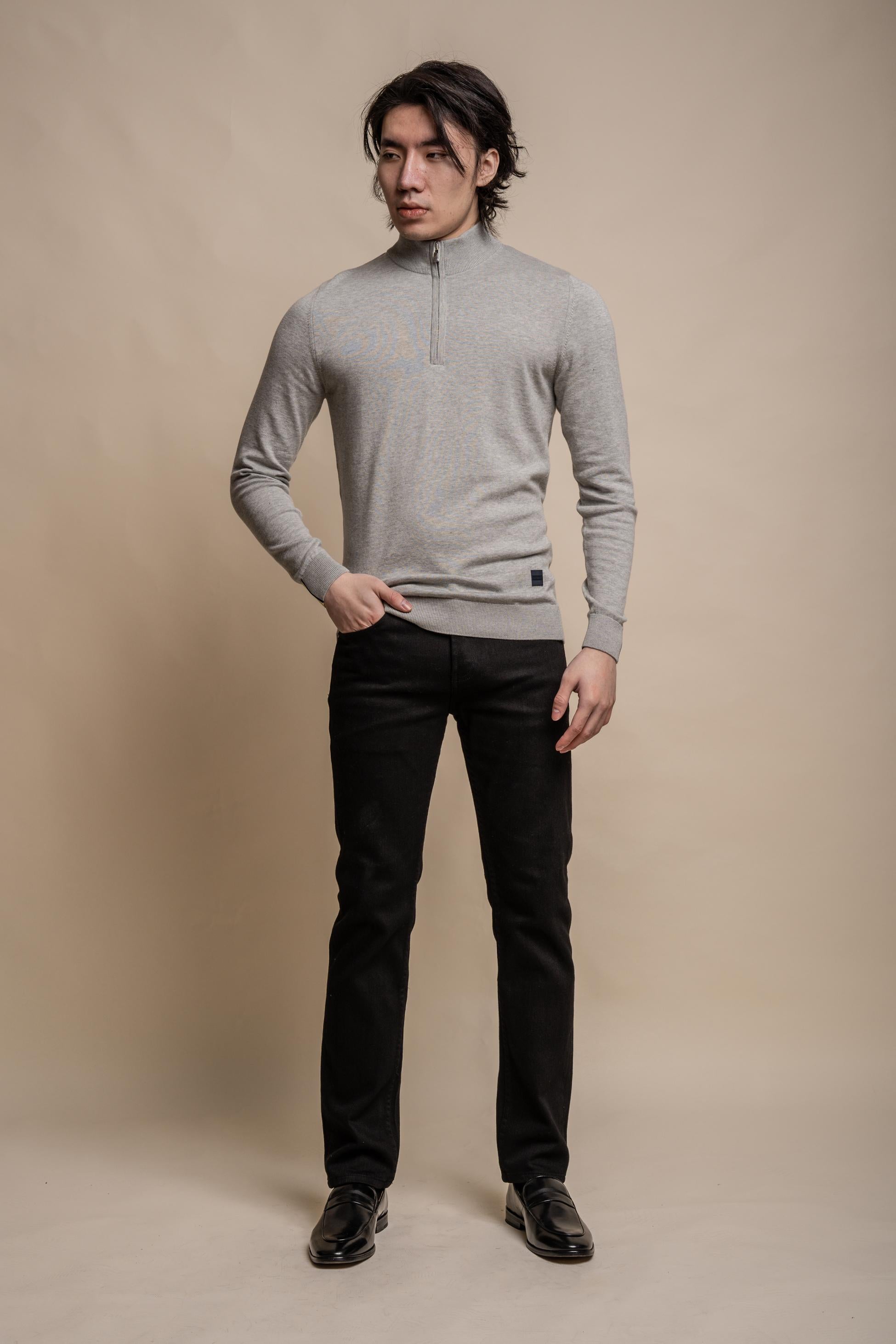 Pull en coton décontracté à demi-zip pour hommes - AVANTI - Gris