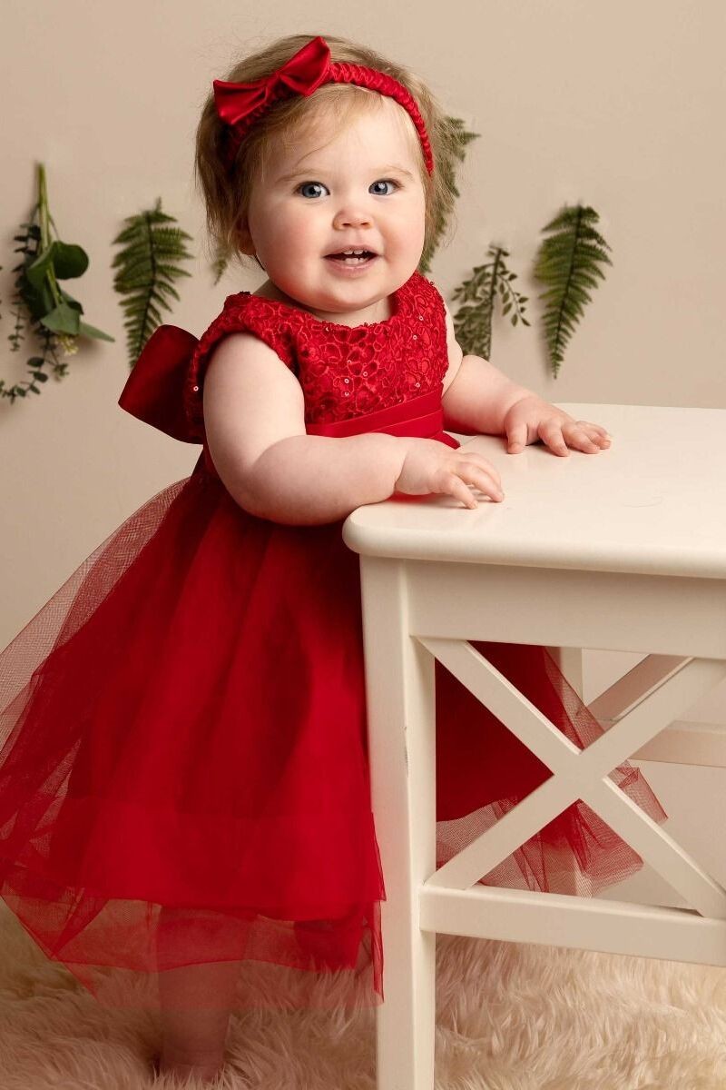 Baby Mädchen Kleid mit Blumenoberteil & Schleife - PC-1025 - Rot