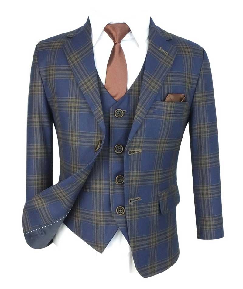 Jungen Windowpane Karo Tweed Maßgeschneiderter Anzug - Marineblau - Braun