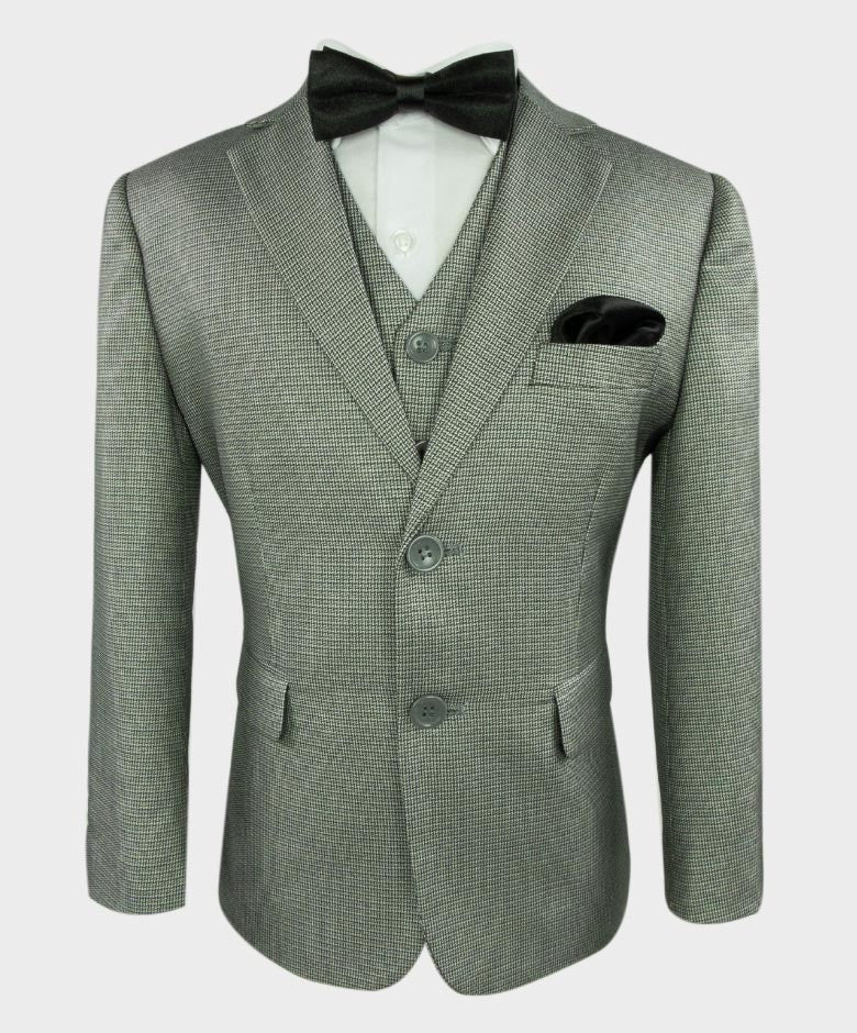 Boys Tweed Tailored Fit Formal Suit - JACKSON - Grey - Black - White