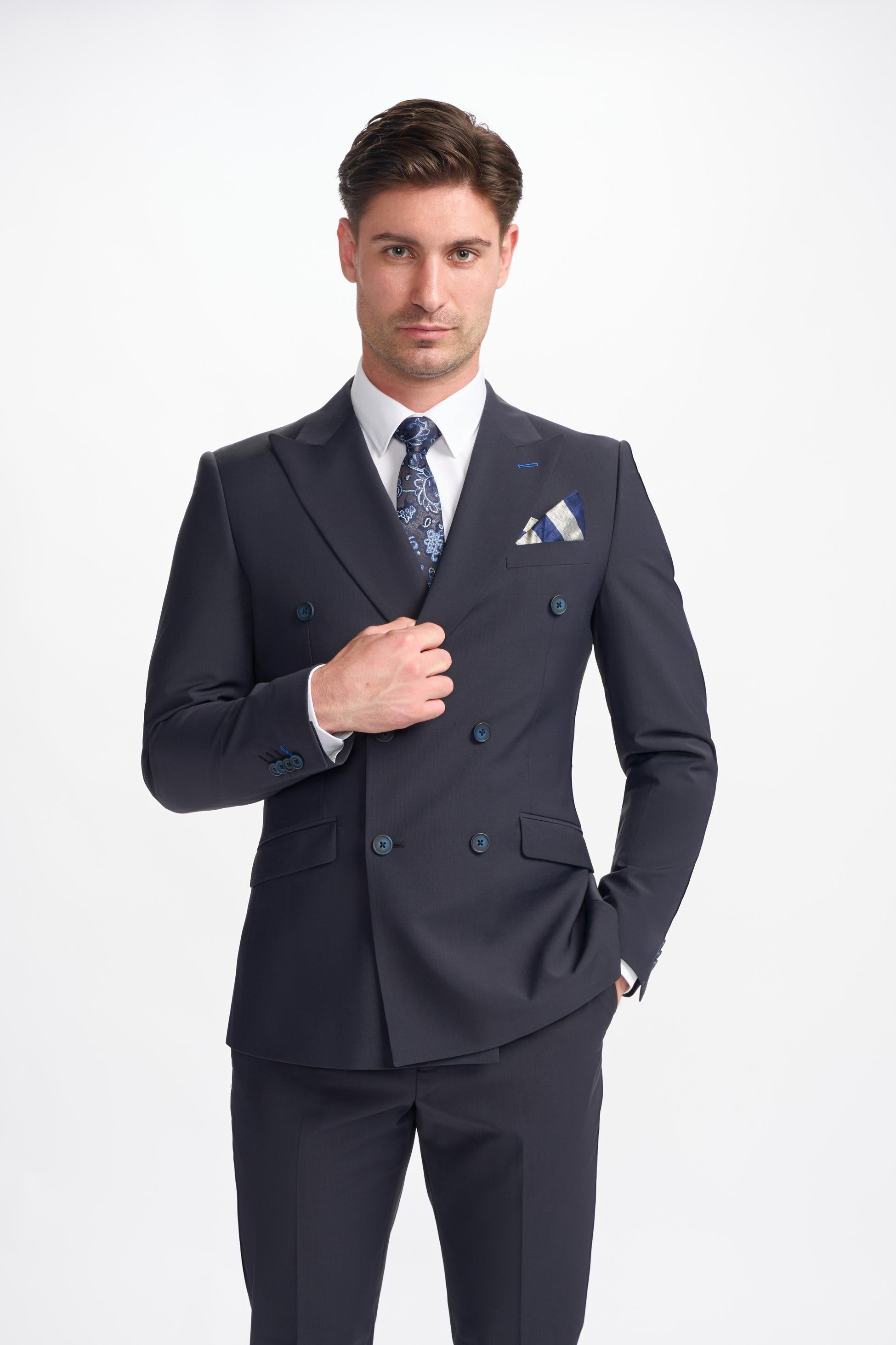 Costume Double Boutonnage en Laine Mélangée pour Homme - BOND D/B - Bleu Minuit