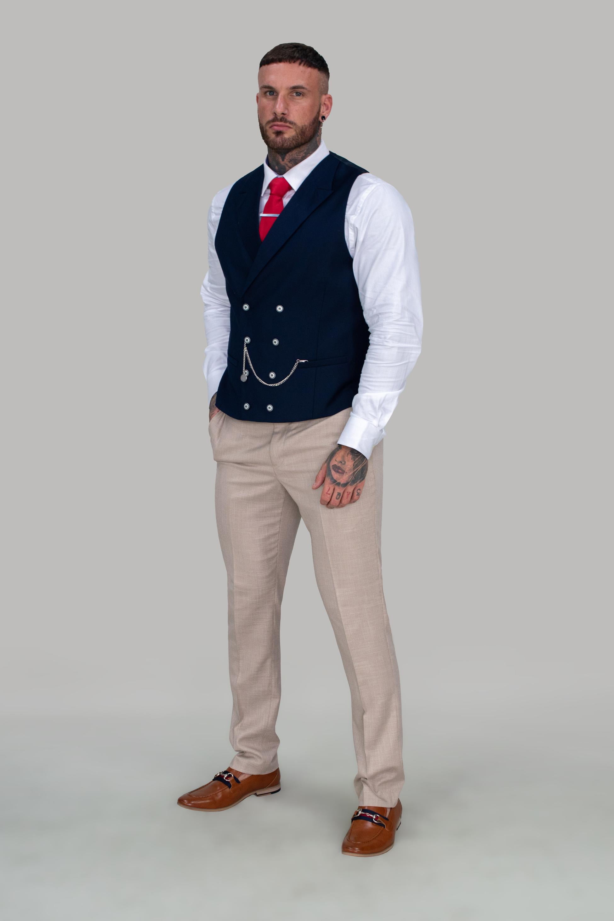 Men's Slim Fit Double Breasted Waistcoat - LENNOX - Navy Blue