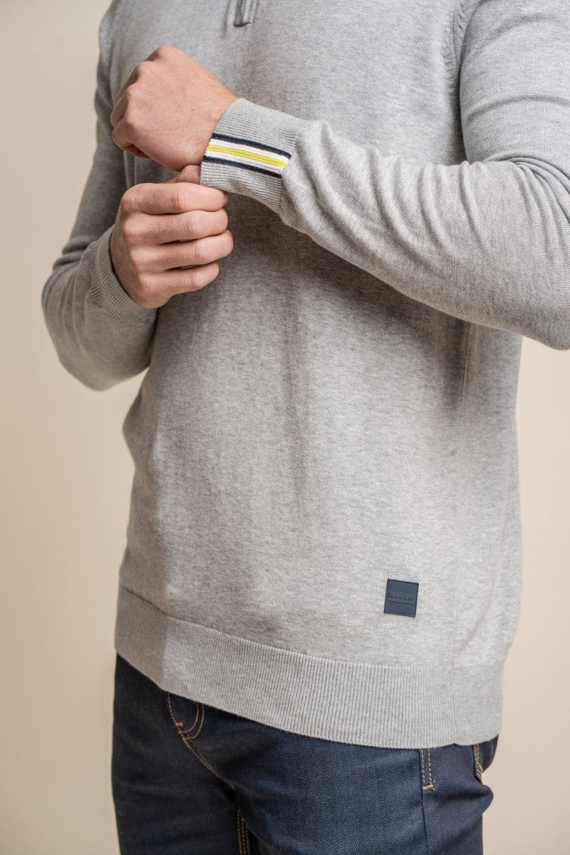 Pull en coton à col montant et zip quart pour hommes - Falcao - Gris