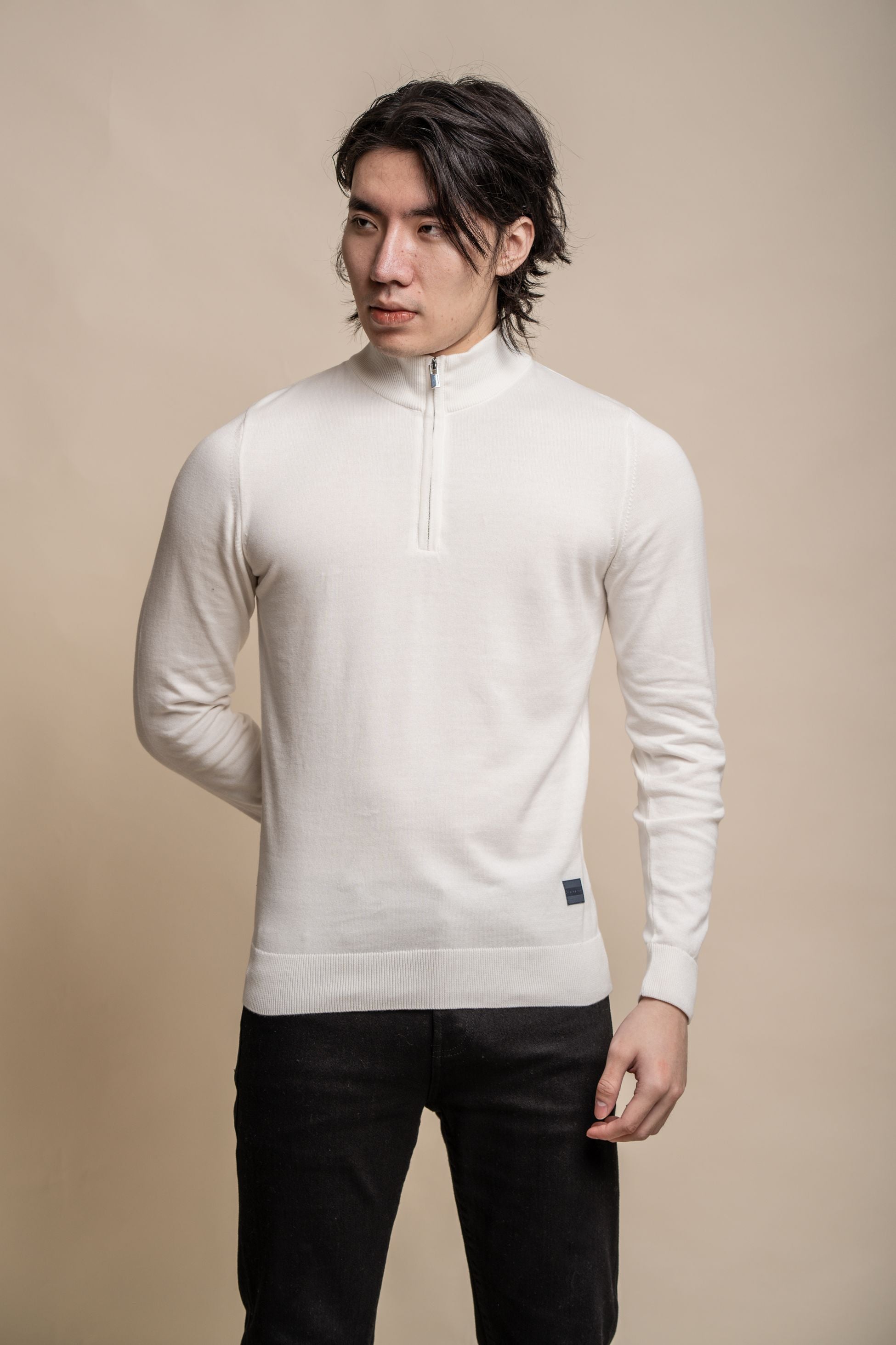 Pull en coton décontracté à demi-zip pour hommes - AVANTI - Ecru