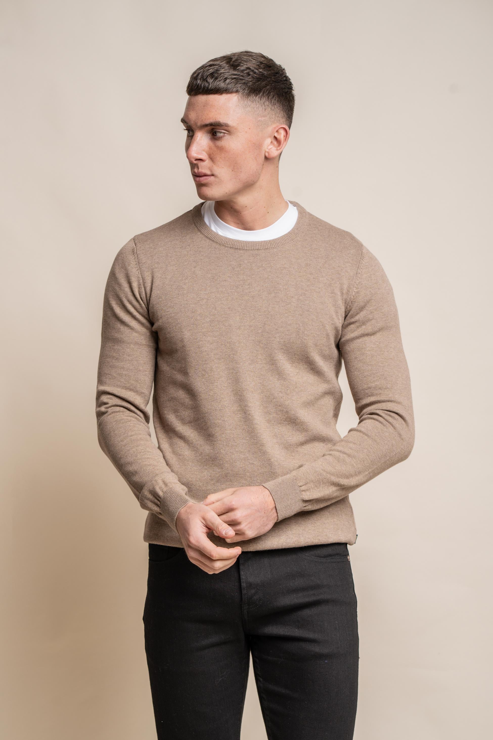 Pull en coton ajusté à col rond pour hommes - Marron Fauve