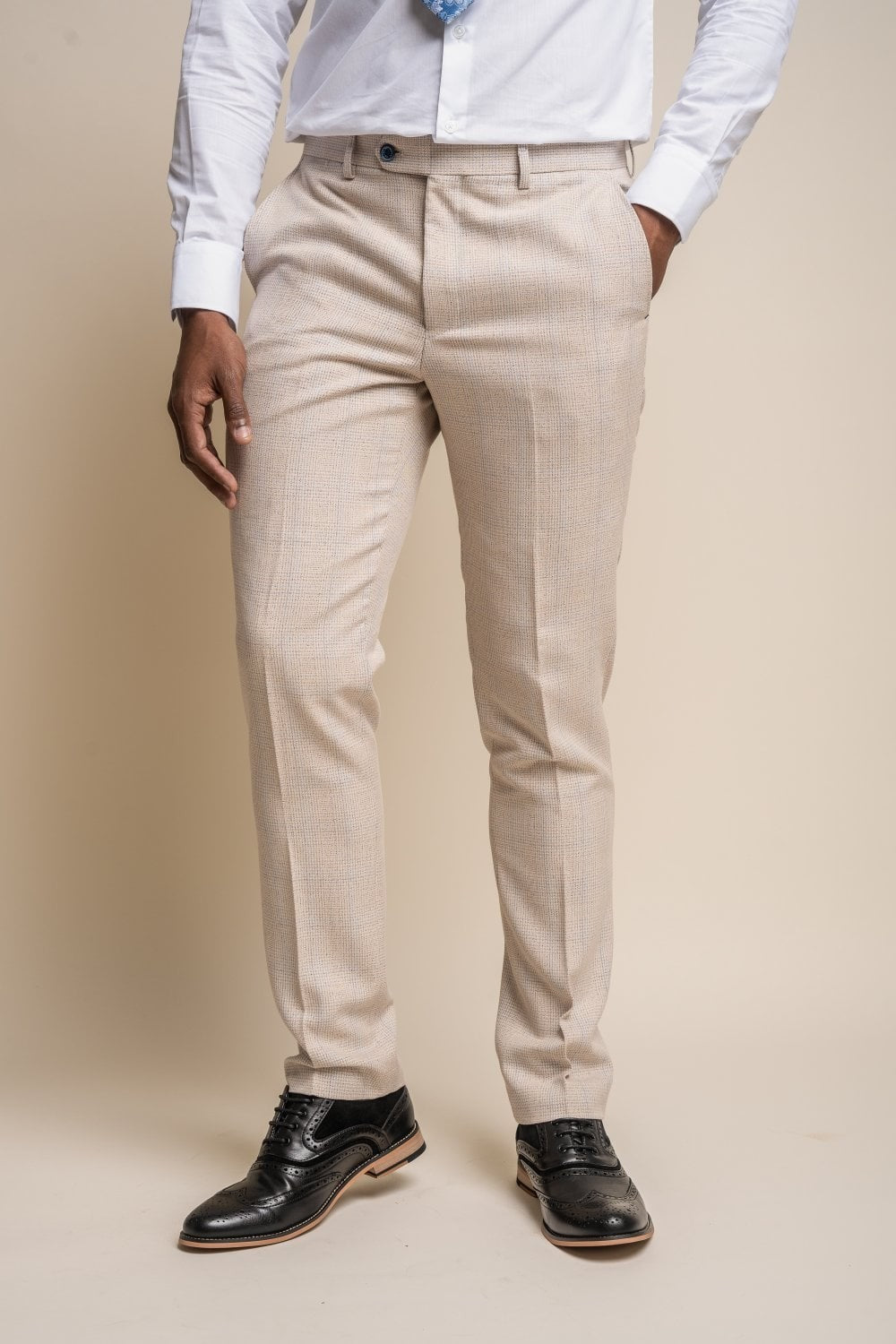 Men's Tweed Houndstooth Check Slim Fit Trousers - CARIDI - Beige