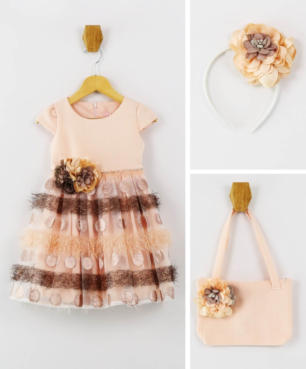 Ensemble de Robe à Pois Saumon pour Filles - 3 Pièces - Pêche