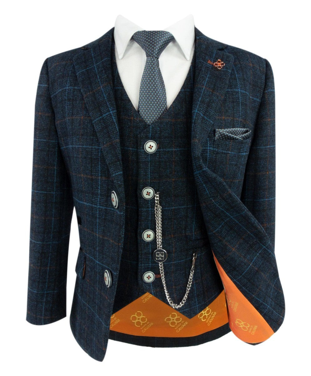 Boys Tweed Windowpane Check Suit - CODY Blue - Navy Blue