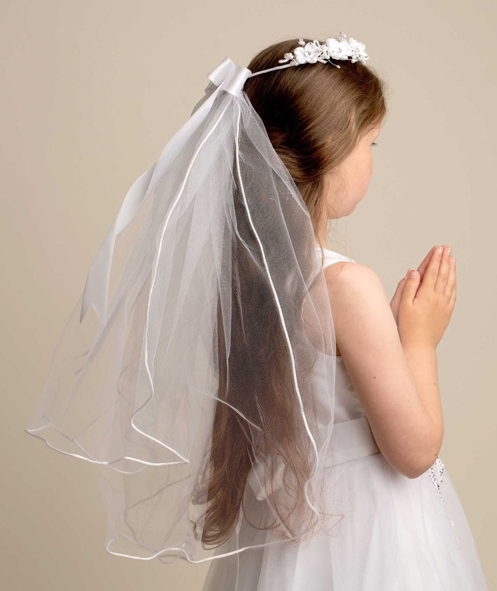 Girls' White Bow Veil with Floral Tiara – CMV 458