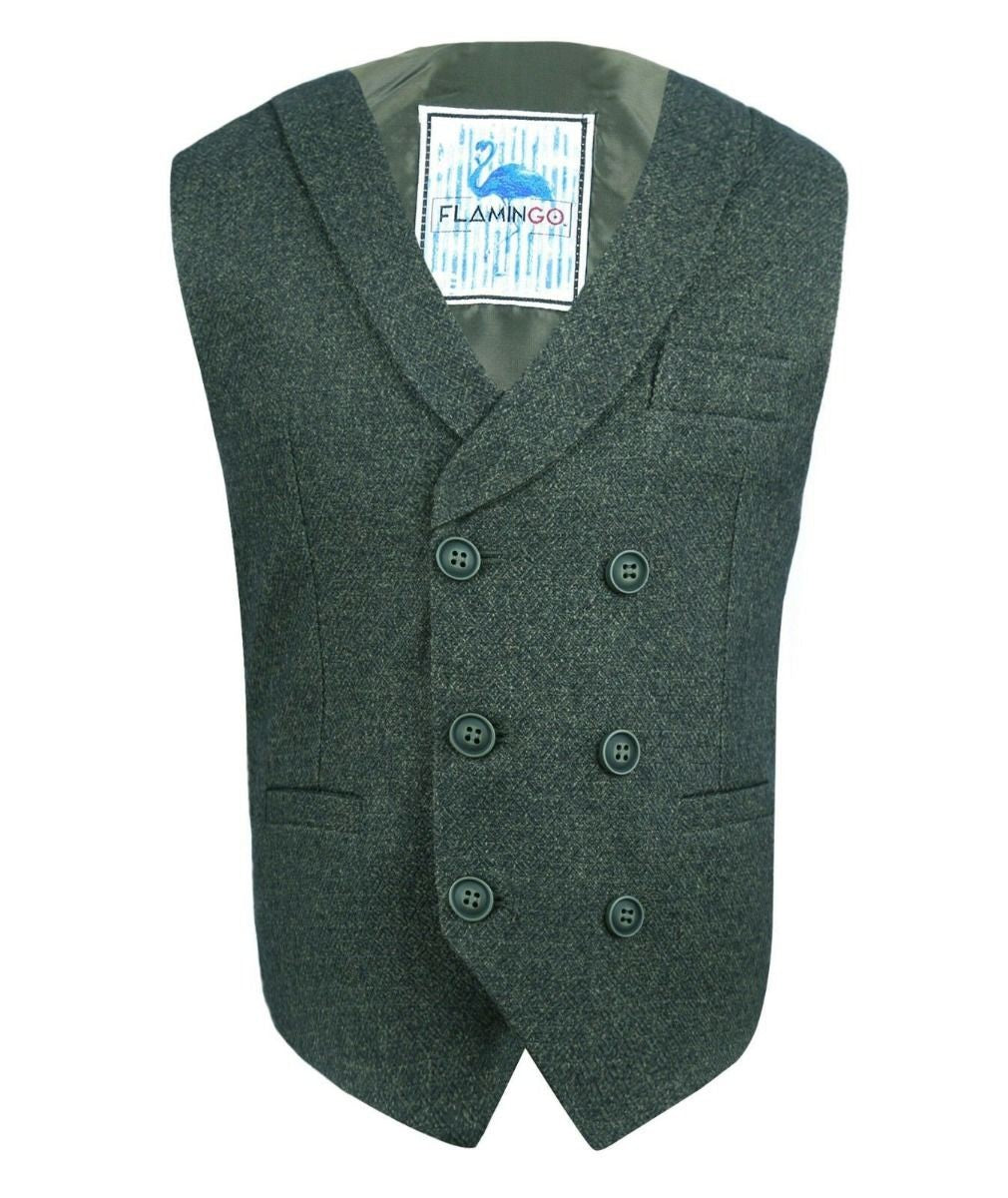 Men's and Boys Herringbone Tweed Double-breasted Waistcoat - ALPINI - Green