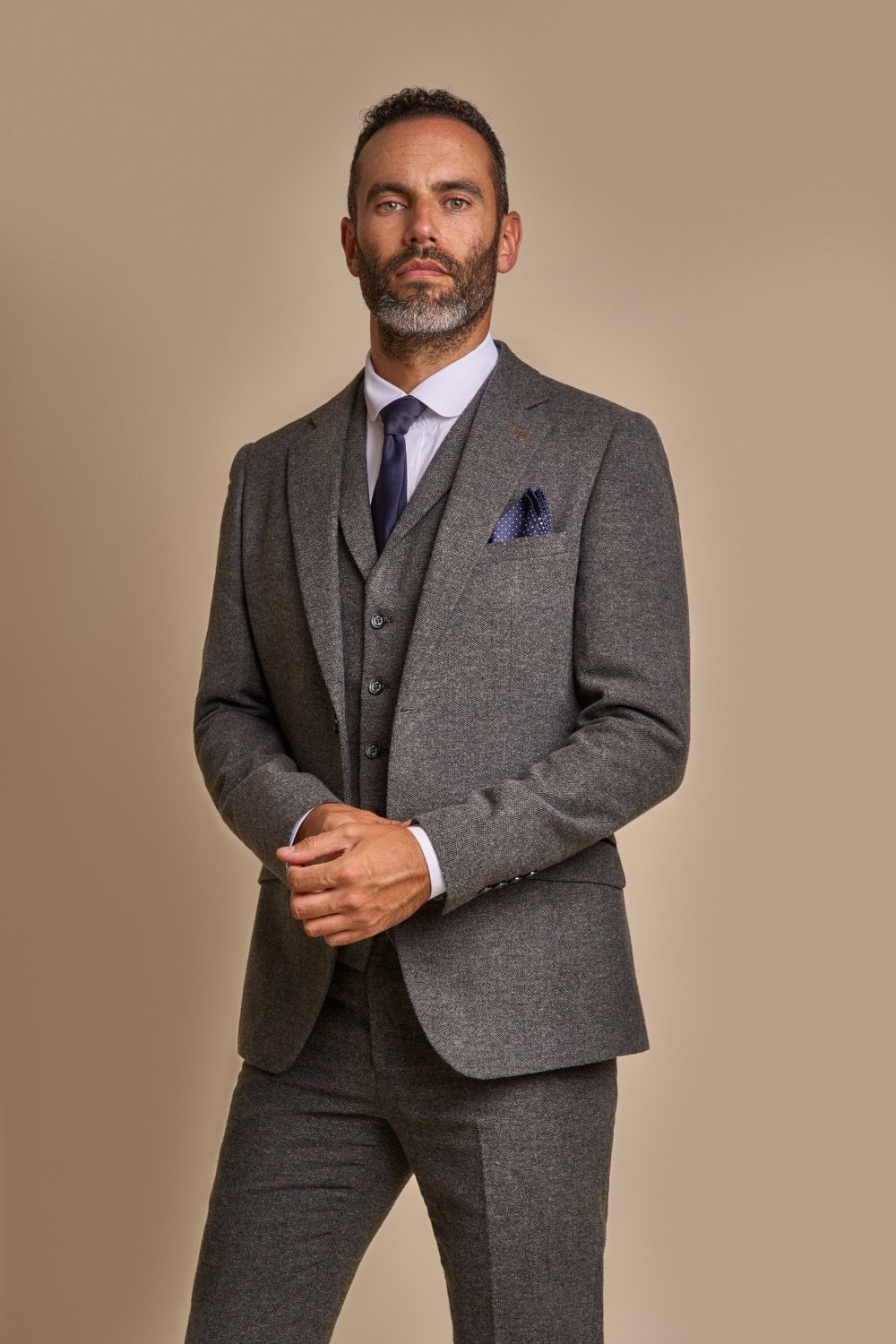 Men's Herringbone Tweed Slim Fit Formal Suit - MARTEZ - Charcoal Grey