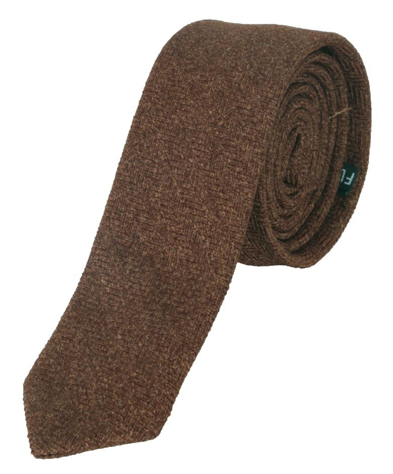 Ensemble Cravate et Mouchoir de Poche en Tweed à Motif Chevron pour Garçons et Hommes - Brun Cannelle