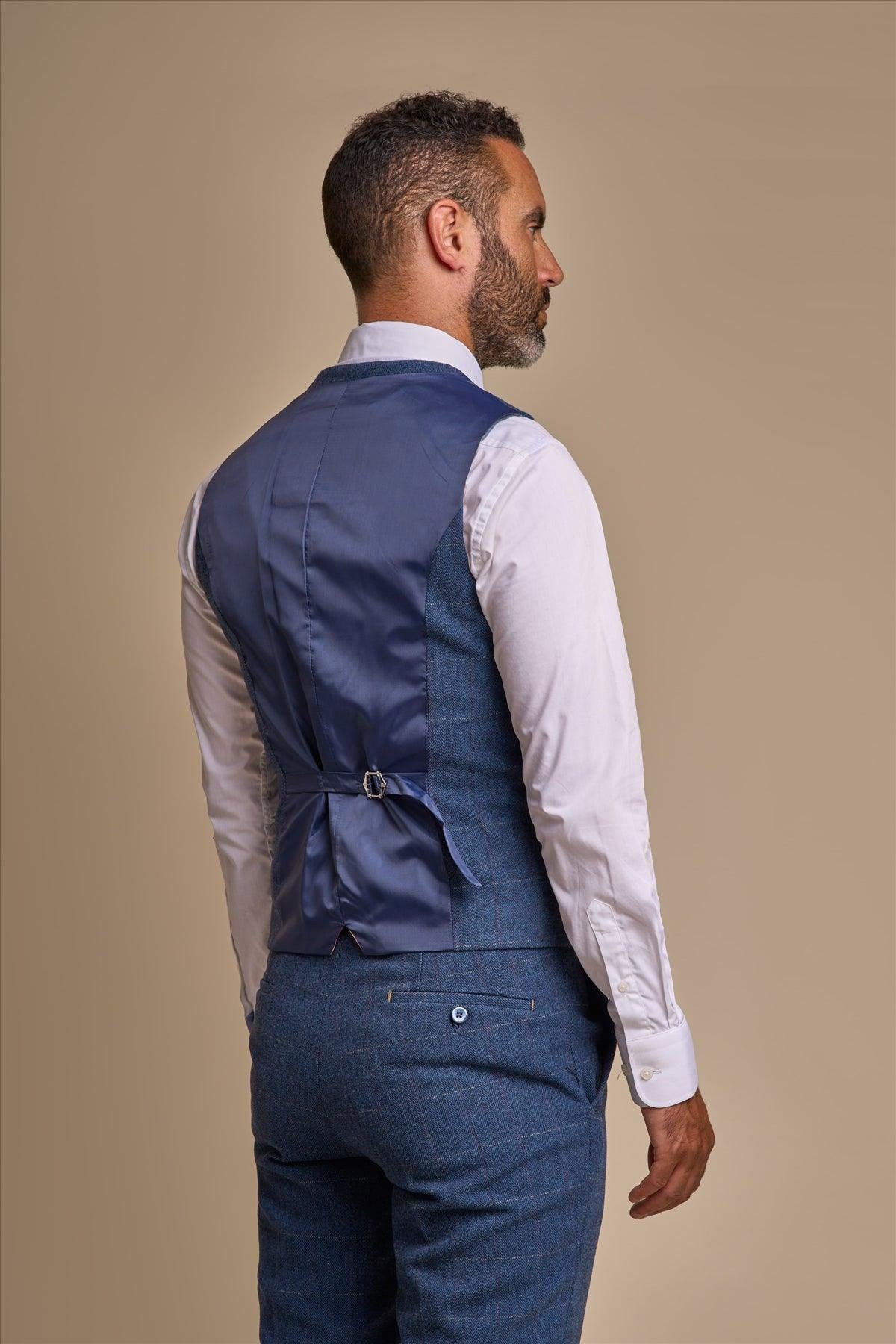 Men's Slim Fit Herringbone Tweed Suit Waistcoat - CARNEGI - Blue