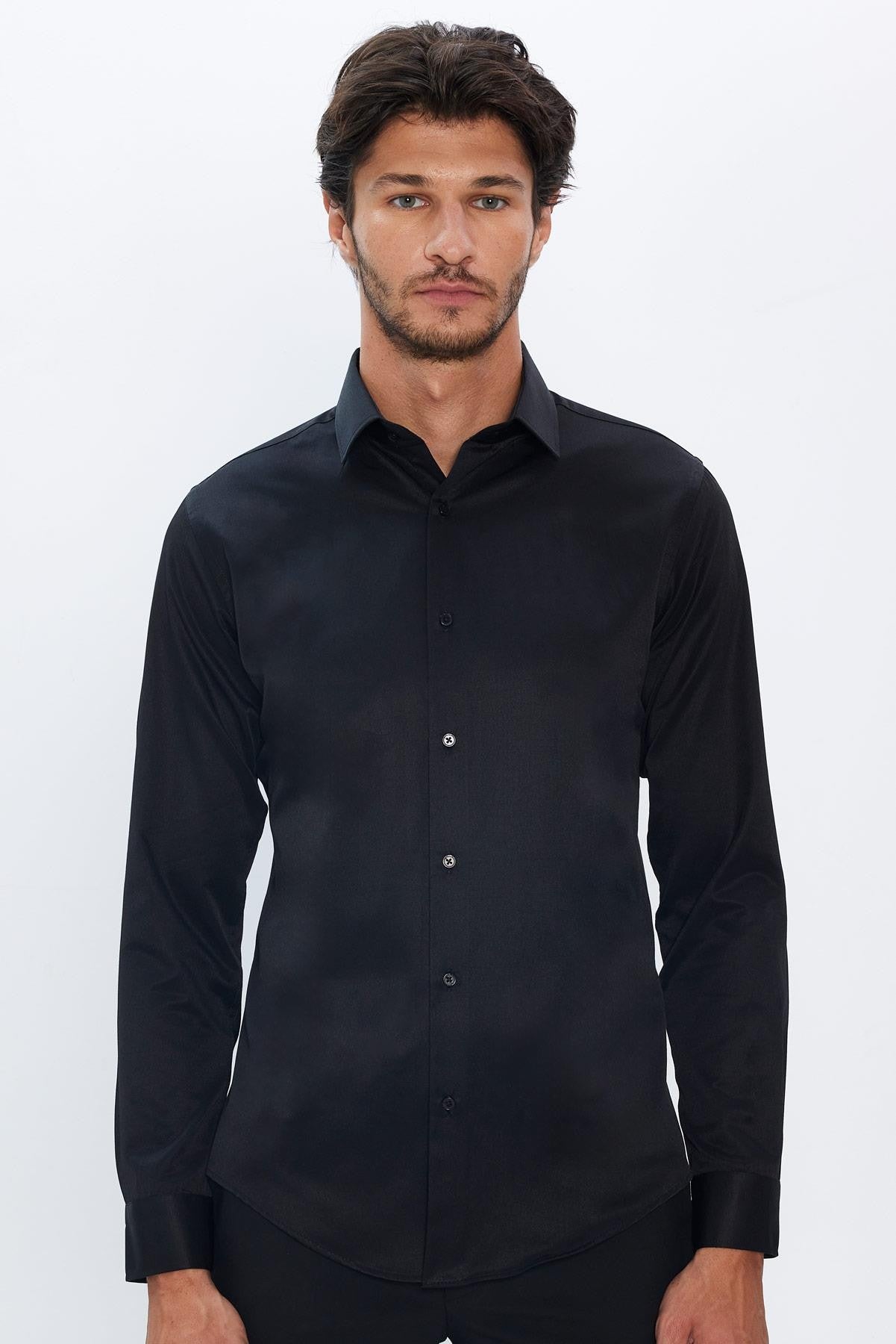 Men's Slim Fit Button-Down Cotton Blend Dress Shirt - Dimi Dotti - Black