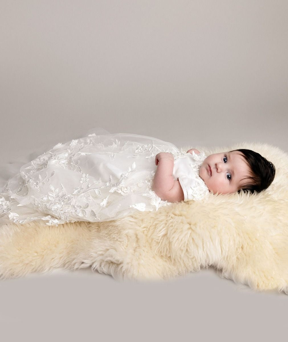 Baby Girls Floral Lace Off White Christening Gown - KRYSTAL - Off white