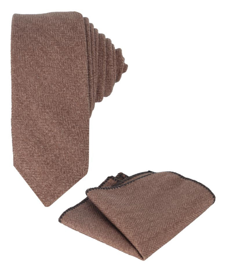 Ensemble Cravate et Mouchoir de Poche en Tweed à Motif Chevron pour Garçons et Hommes - Brun Beige