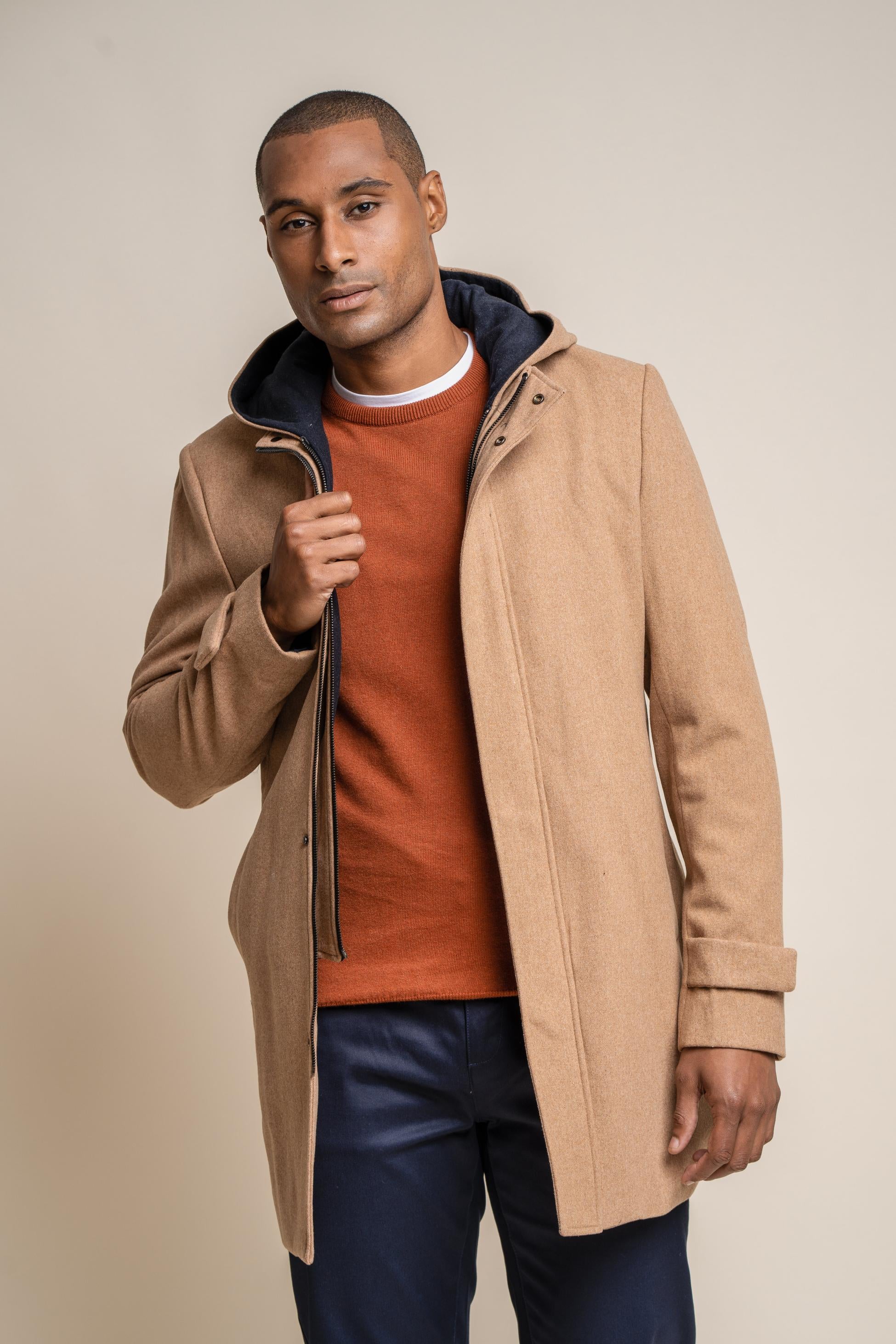 Manteau à capuche en laine mélangée pour hommes - MICHIGAN - Beige camel