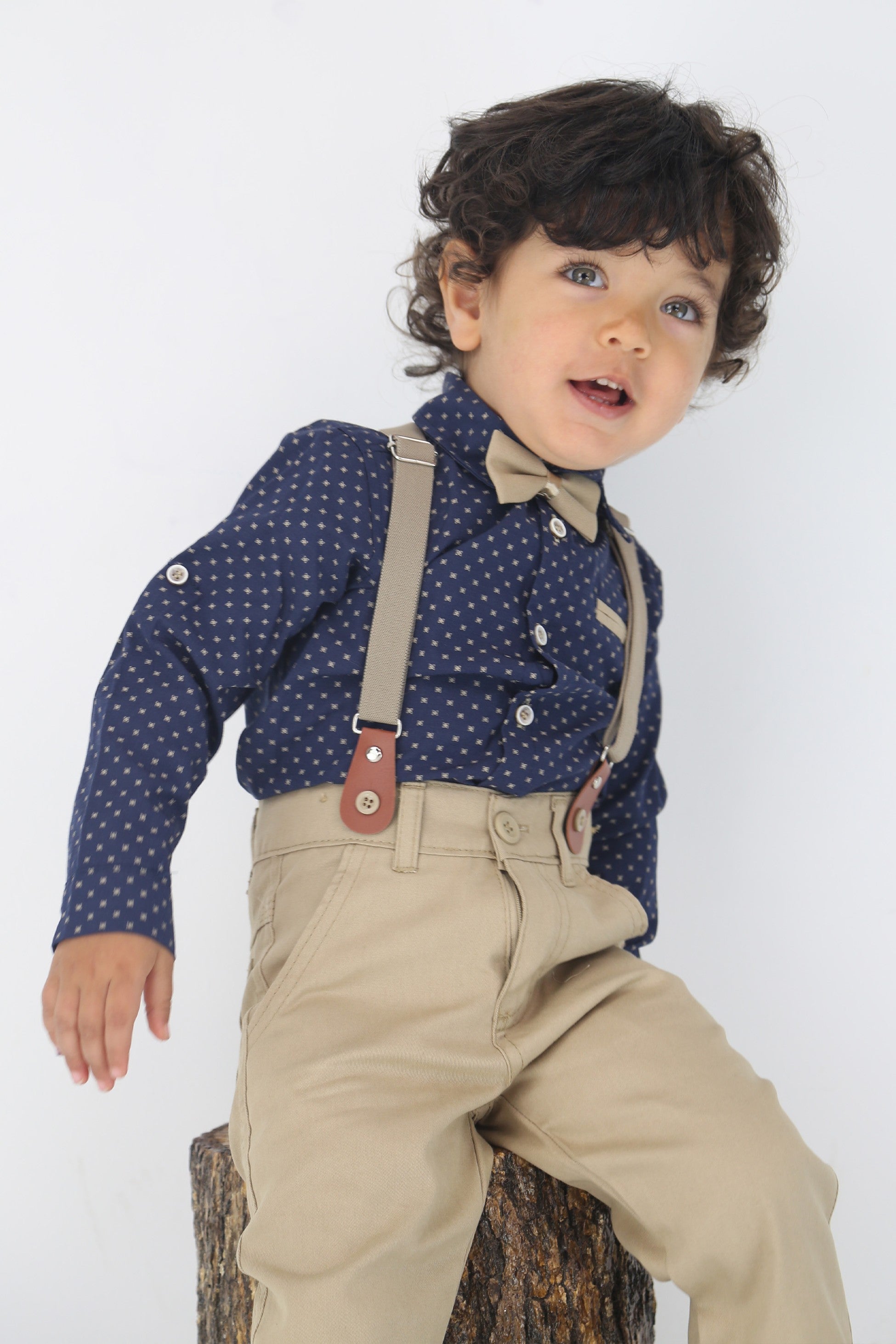 Ensemble de gentleman pour bébés et garçons - Ensemble de costume avec bretelles et pantalon 4 pièces - KELEBEK - Marine - Beige