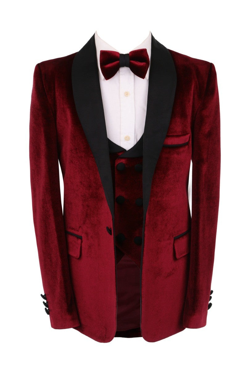 Jungen Samt Tuxedo 5-teiliger Dinneranzug - Bordeaux und Schwarz