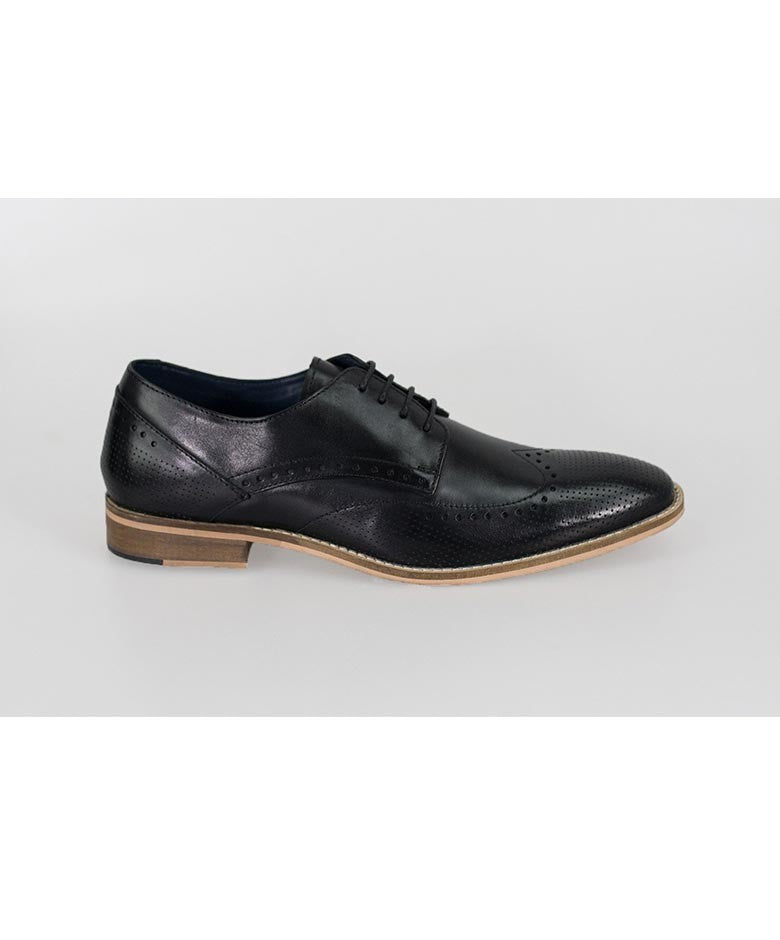 Herren Leder Schnürsenkel Wingtip Brogue Schuhe - ROME - Schwarz