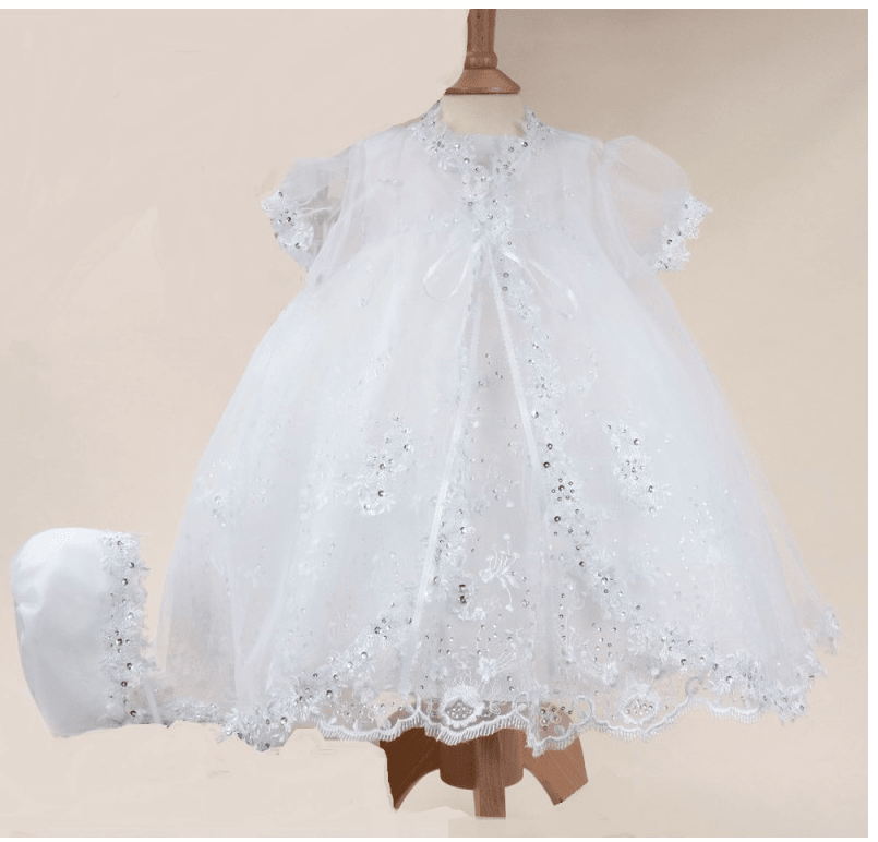 Ensemble Robe de Baptême Blanche en Dentelle et Paillettes pour Fillettes - 396 - Blanc