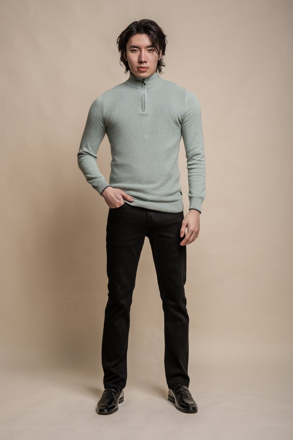 Men's Half Zip Knit Cotton Pullover - KYLE - Almond Green