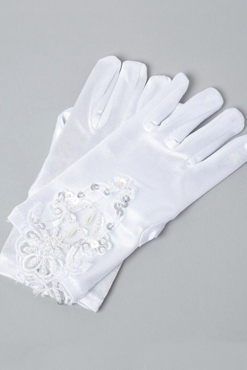 Girls' White Sequin Beaded Satin Gloves - VERA - White