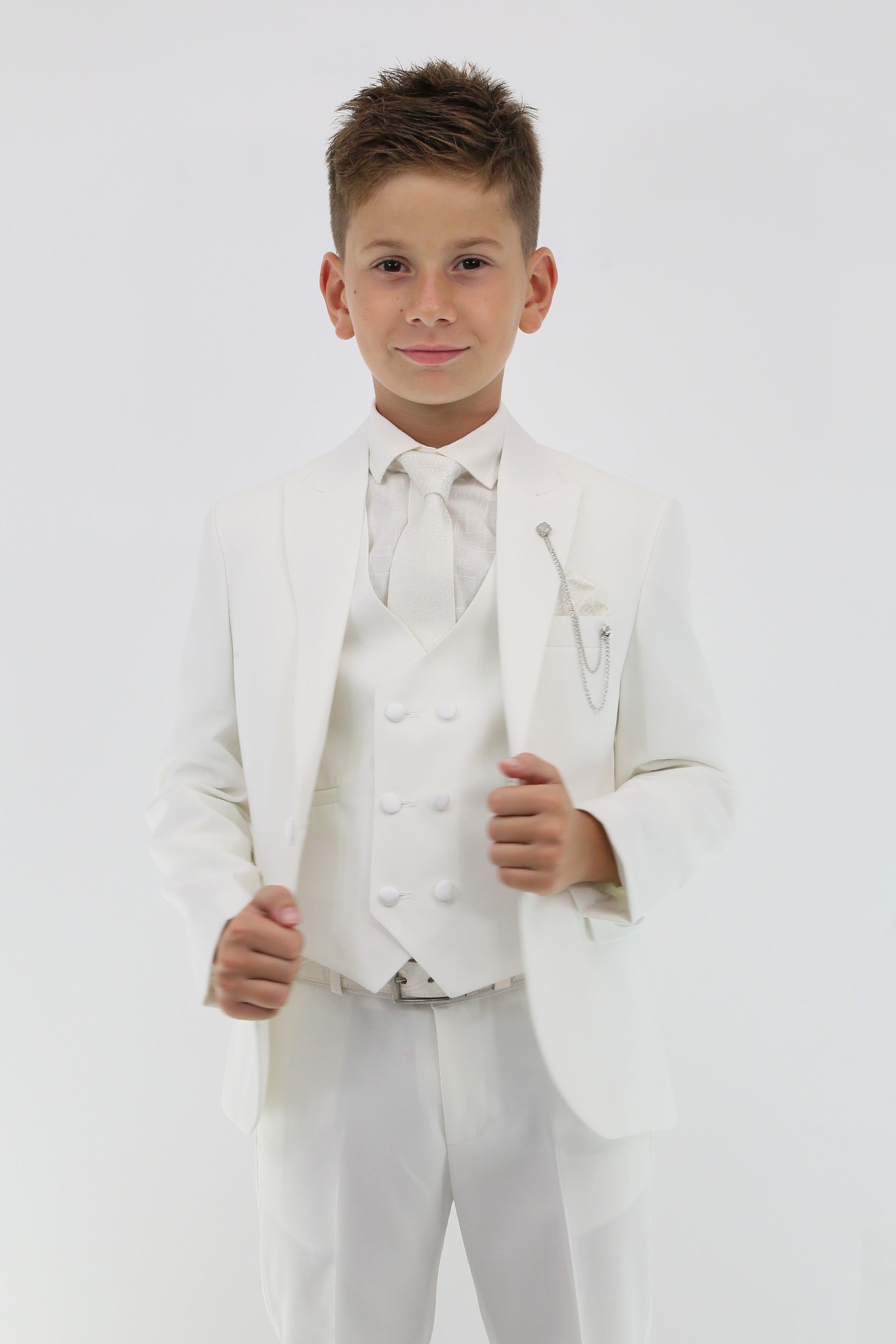 Boys Suit with Double Breasted Vest 7 PC Set - Ivory