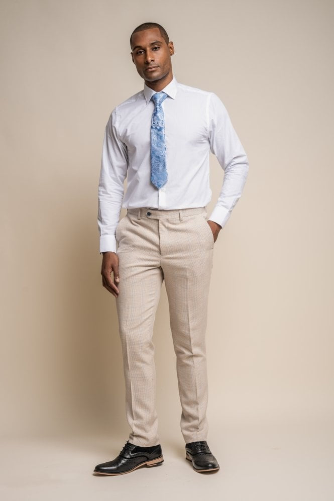 Men's Tweed Houndstooth Check Slim Fit Trousers - CARIDI - Beige