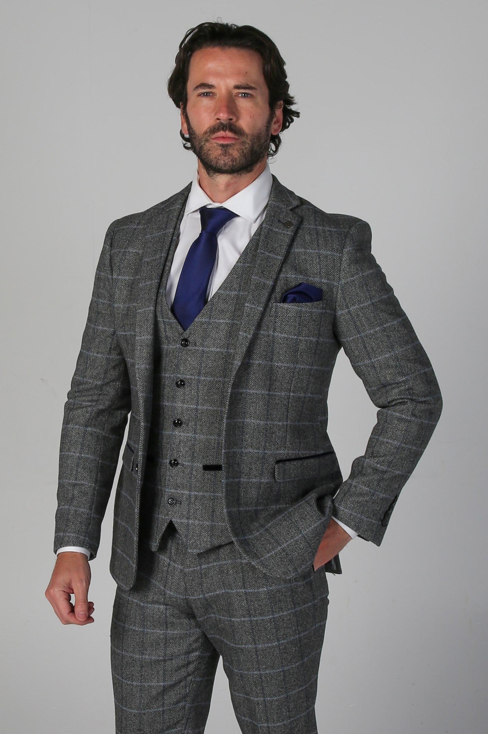 Costume Formel Retro en Tweed à Motif Windowpane pour Homme - HARRIS - Gris