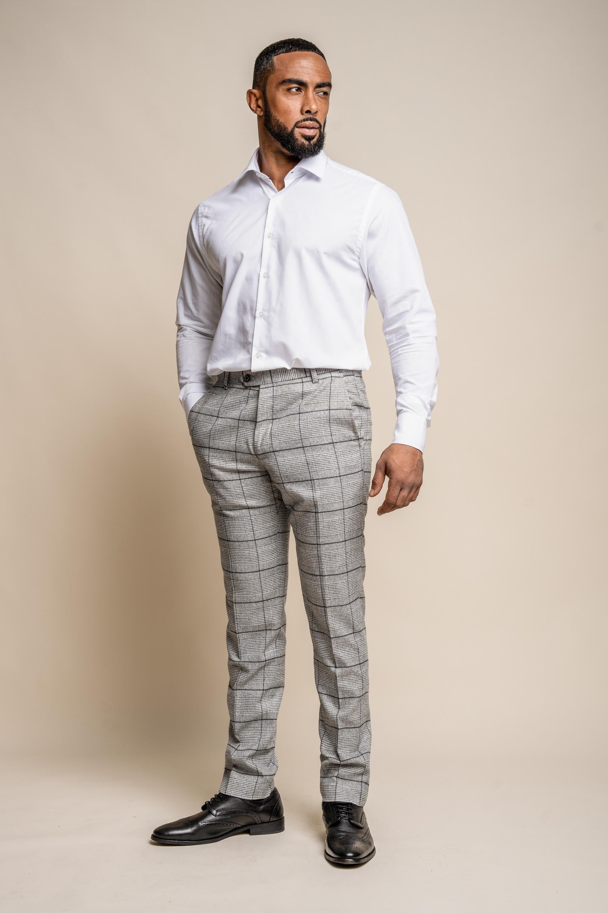 Herren Tweed Windowpane Karo Slim Fit Hose - GHOST Grey - Hellgrau