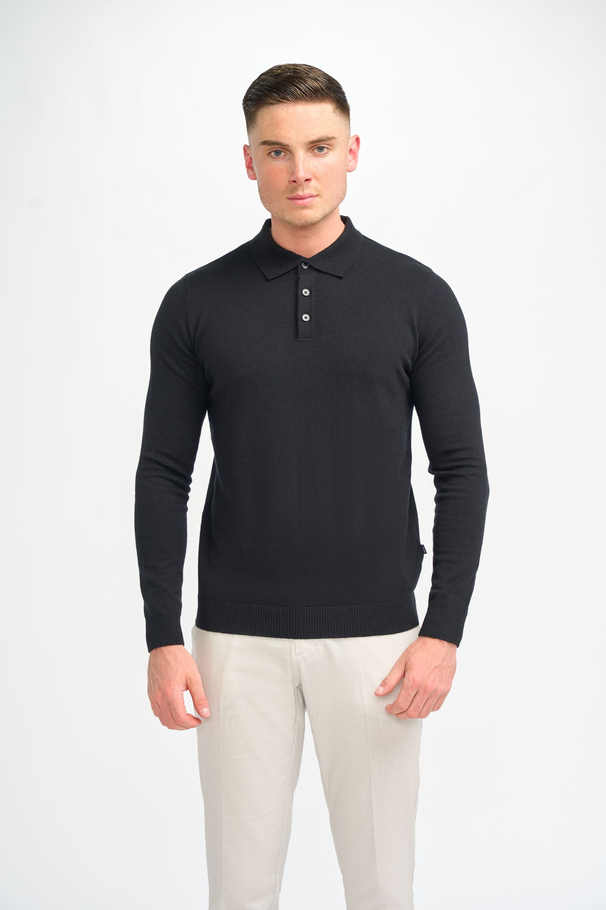 Men’s Wool Knit Long Sleeve Polo Shirt - Boom - Black