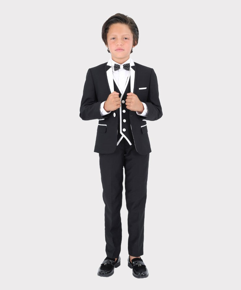 Jungen Exklusiver Piping Tuxedo Anzug - Schwarz - Weiß