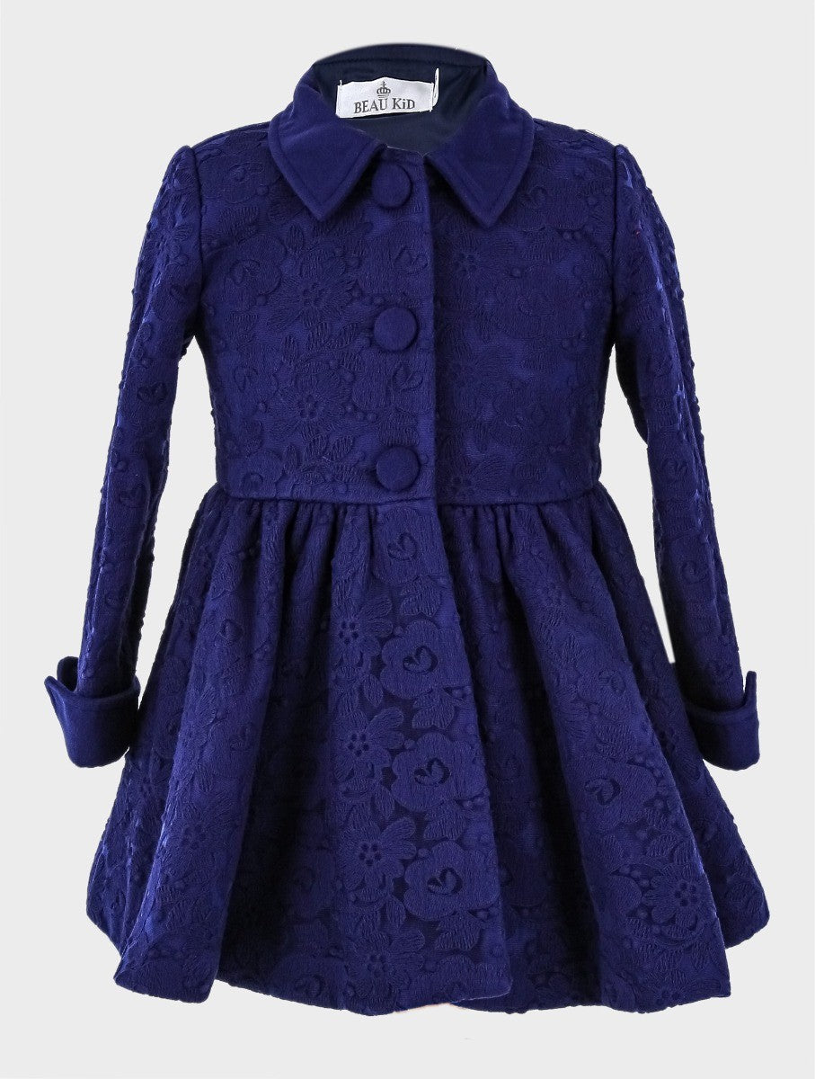 Ensemble Manteau Brodé Fleuri en Dentelle 2 Pièces pour Filles - Bleu Marine