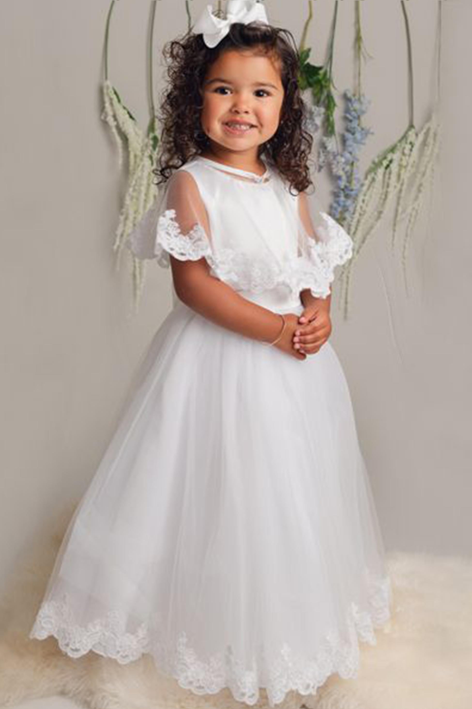 Robe longue pour fille avec cape en tulle – CLAIRE - Blanc