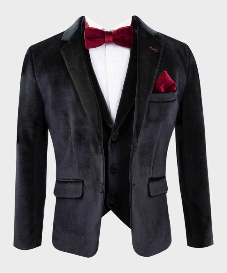 Boys Tailored Fit Velvet Suit with Elbow Patches - Black