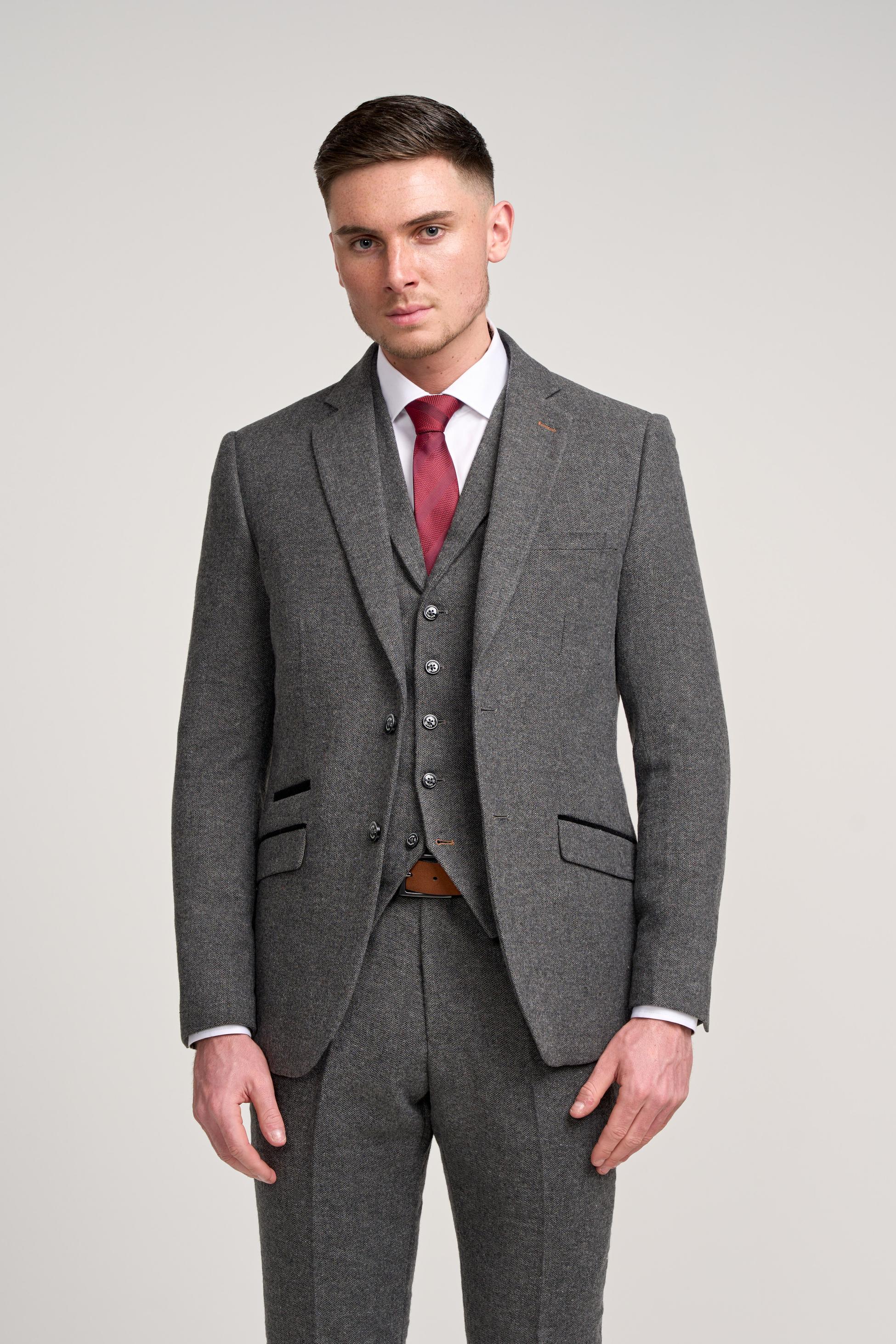 Men’s Grey Herringbone Tweed Suit - COSMO - Grey