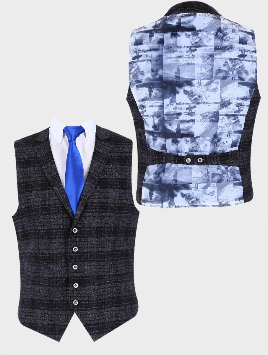 Men's Retro Black Check Slim Fit Waistcoat - GRAVANO - Black