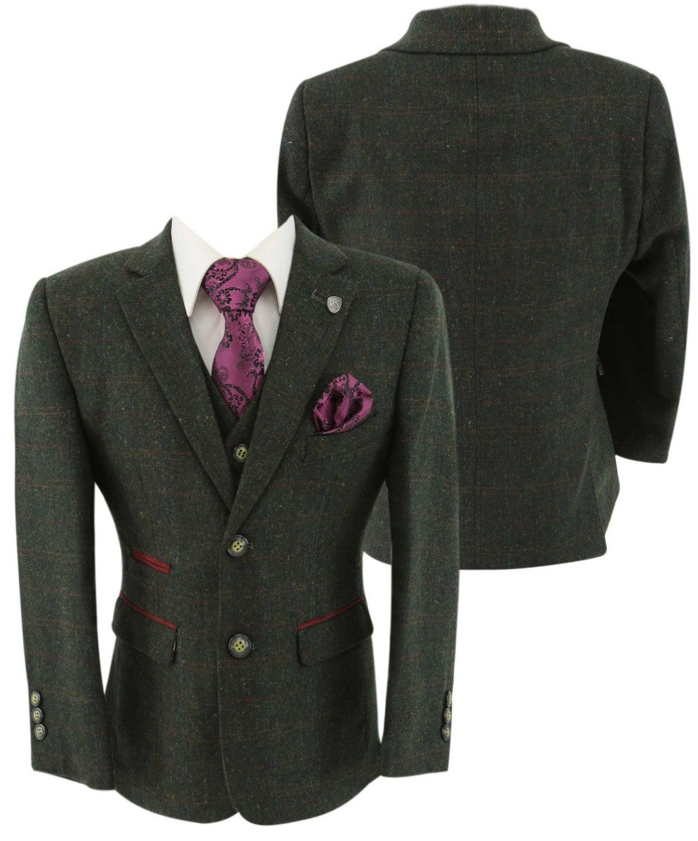 Costume en Tweed à Carreaux Tailored Fit pour Garçons - JOSHUA Vert - Vert Foncé