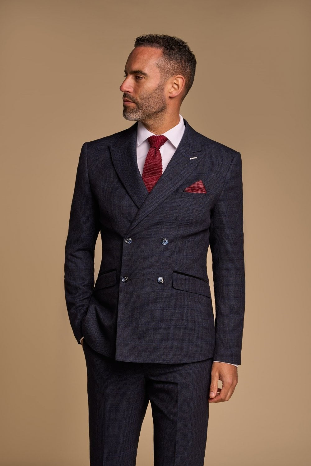 Men's Houndstooth Double-breasted Suit Jacket - CARIDI - Navy Blue