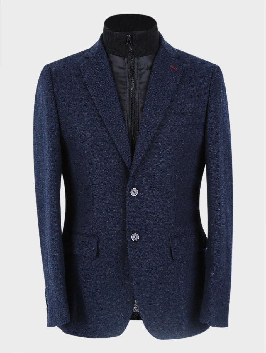 Manteau en tweed à chevrons marine avec zip amovible pour hommes - Bleu Marine